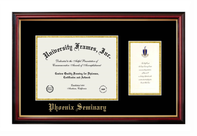 Phoenix Seminary Diploma with Announcement Frame in Petite Mahogany with Gold Trim with Black & Gold Mats for document: 8 1/2"h x 11"w  , diploma: 7"h x 4"w  