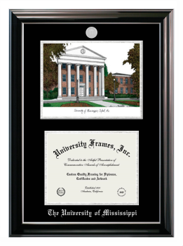 University of Mississippi Double Opening with Campus Image (Stacked) Frame in Classic Ebony with Silver Trim with Black & Silver Mats for document: 8 1/2"h x 11"w  