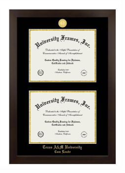 Texas A&M University Cum Laude Double Degree (Stacked) Frame in Manhattan Espresso with Black & Gold Mats for document: 8 1/2"h x 11"w  , document: 8 1/2"h x 11"w  