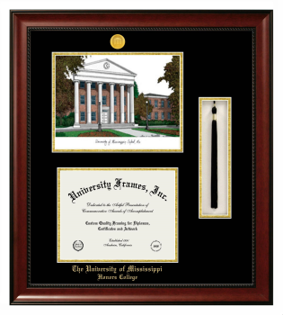 University of Mississippi Honors College Double Opening with Campus Image & Tassel Box (Stacked) Frame in Avalon Mahogany with Black & Gold Mats for document: 8 1/2"h x 11"w  