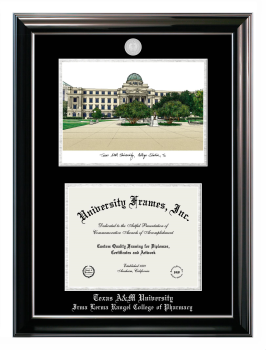 Texas A&M University Irma Lerma Rangel College of Pharmacy Double Opening with Campus Image (Stacked) Frame in Classic Ebony with Silver Trim with Black & Silver Mats for document: 8 1/2"h x 11"w  