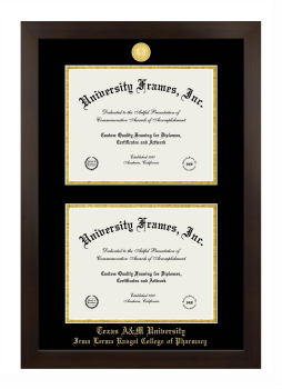 Texas A&M University Irma Lerma Rangel College of Pharmacy Double Degree (Stacked) Frame in Manhattan Espresso with Black & Gold Mats for document: 8 1/2"h x 11"w  , document: 8 1/2"h x 11"w  