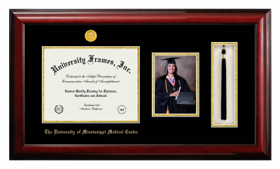 University of Mississippi Medical Center Diploma with 5 x 7 Portrait & Tassel Box Frame in Classic Mahogany with Black & Gold Mats for document: 8 1/2"h x 11"w  