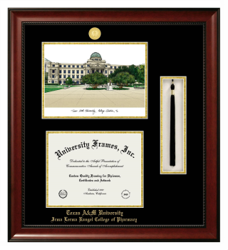 Texas A&M University Irma Lerma Rangel College of Pharmacy Double Opening with Campus Image & Tassel Box (Stacked) Frame in Avalon Mahogany with Black & Gold Mats for document: 8 1/2"h x 11"w  