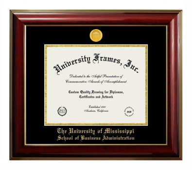 University of Mississippi School of Business Administration Diploma Frame in Classic Mahogany with Gold Trim with Black & Gold Mats for document: 8 1/2"h x 11"w  