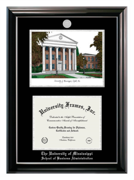 University of Mississippi School of Business Administration Double Opening with Campus Image (Stacked) Frame in Classic Ebony with Silver Trim with Black & Silver Mats for document: 8 1/2"h x 11"w  