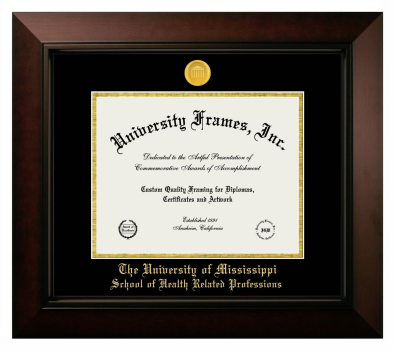 University of Mississippi School of Health Related Professions Diploma Frame in Legacy Black Cherry with Black & Gold Mats for DOCUMENT: 8 1/2"H X 11"W  