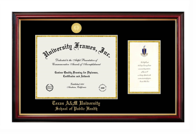 Texas A&M University School of Public Health Diploma with Announcement Frame in Petite Mahogany with Gold Trim with Black & Gold Mats for document: 8 1/2"h x 11"w  , diploma: 7"h x 4"w  