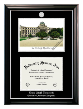 Texas A&M University Transition Academic Programs Double Opening with Campus Image (Stacked) Frame in Classic Ebony with Silver Trim with Black & Silver Mats for document: 8 1/2"h x 11"w  