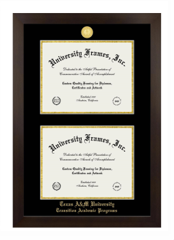 Texas A&M University Transition Academic Programs Double Degree (Stacked) Frame in Manhattan Espresso with Black & Gold Mats for document: 8 1/2"h x 11"w  , document: 8 1/2"h x 11"w  