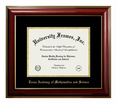 Texas Academy of Mathematics and Science Diploma Frame in Classic Mahogany with Gold Trim with Black & Gold Mats for DOCUMENT: 8 1/2"H X 11"W  