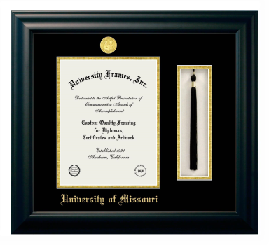 University of Missouri Diploma with Tassel Box Frame in Satin Black with Black & Gold Mats for  11"h x 8 1/2"w  