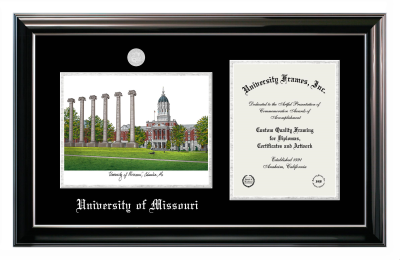 University of Missouri Double Opening with Campus Image (Side-by-Side) Frame in Classic Ebony with Silver Trim with Black & Silver Mats for  11"H X 8 1/2"W  