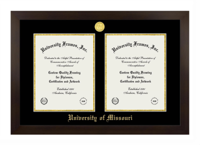 University of Missouri Double Degree (Side-by-Side) Frame in Manhattan Espresso with Black & Gold Mats for  11"H X 8 1/2"W  ,  11"H X 8 1/2"W  