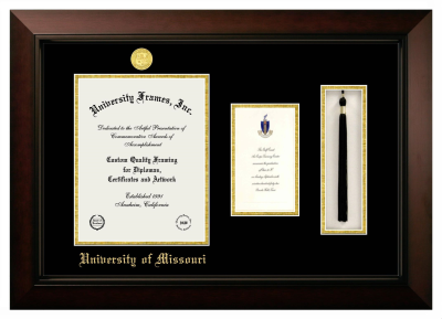 University of Missouri Diploma with Announcement & Tassel Box Frame in Legacy Black Cherry with Black & Gold Mats for  11"H X 8 1/2"W  ,  7"H X 4"W  