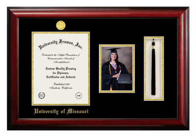 University of Missouri Diploma with 5 x 7 Portrait & Tassel Box Frame in Classic Mahogany with Black & Gold Mats for  11"H X 8 1/2"W  