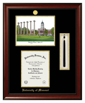 University of Missouri Double Opening with Campus Image & Tassel Box (Stacked) Frame in Avalon Mahogany with Black & Gold Mats for  11"H X 8 1/2"W  