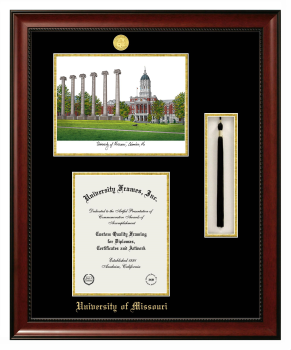 Double Opening with Campus Image & Tassel Box (Stacked) Frame in Avalon Mahogany with Black & Gold Mats for  11"H X 8 1/2"W  
