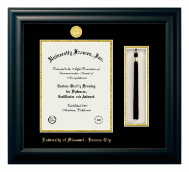 University of Missouri - Kansas City Diploma with Tassel Box Frame in Satin Black with Black & Gold Mats for  11"H X 8 1/2"W  