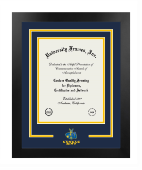 University of Missouri - Kansas City Logo Mat Frame in Manhattan Black with Navy Blue & Amber Mats for  11"h x 8 1/2"w  