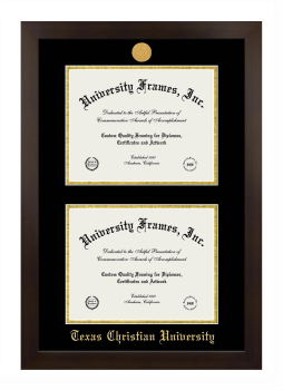 Texas Christian University Double Degree (Stacked) Frame in Manhattan Espresso with Black & Gold Mats for document: 8 1/2"h x 11"w  , document: 8 1/2"h x 11"w  