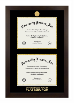 Plattsburgh State University (SUNY Plattsburgh) Double Degree (Stacked) Frame in Manhattan Espresso with Black & Gold Mats for document: 8 1/2"h x 11"w  , document: 8 1/2"h x 11"w  