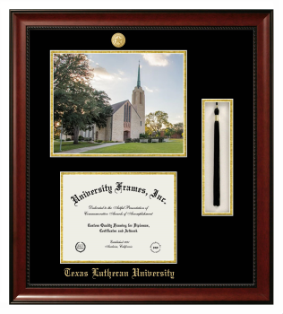 Texas Lutheran University Double Opening with Campus Image & Tassel Box (Stacked) Frame in Avalon Mahogany with Black & Gold Mats for document: 8 1/2"h x 11"w  