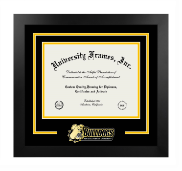 Texas Lutheran University College of Professional Studies Logo Mat Frame in Manhattan Black with Black & Amber Mats for document: 8 1/2"h x 11"w  