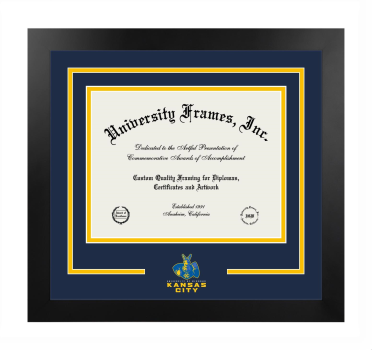 University of Missouri - Kansas City School of Graduate Studies Logo Mat Frame in Manhattan Black with Navy Blue & Amber Mats for document: 8 1/2"h x 11"w  