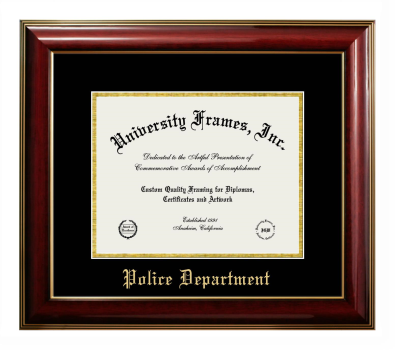 Police Department Diploma Frame in Classic Mahogany with Gold Trim with Black & Gold Mats for DOCUMENT: 8 1/2"H X 11"W  