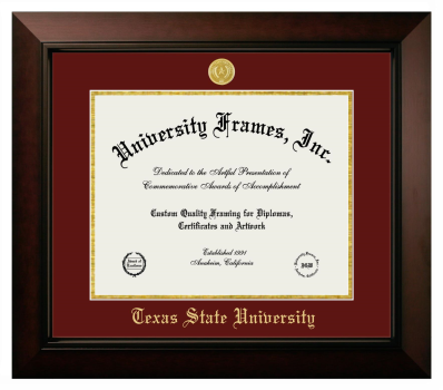 Texas State University Diploma Frame in Legacy Black Cherry with Maroon & Gold Mats for document: 11"h x 14"w  