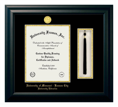 University of Missouri - Kansas City University Libraries Diploma with Tassel Box Frame in Satin Black with Black & Gold Mats for DOCUMENT: 11"H X 8 1/2"W  
