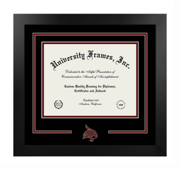 Texas State University Logo Mat Frame in Manhattan Black with Black & Maroon Mats for document: 8 1/2"h x 11"w  