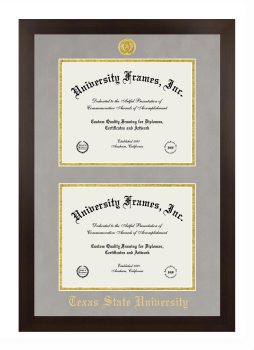 Texas State University Double Diploma Frame in Manhattan Espresso with Gray Suede & Gold Mats for DOCUMENT: 8 1/2"H X 11"W  , DOCUMENT: 8 1/2"H X 11"W  