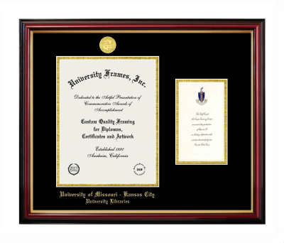 University of Missouri - Kansas City University Libraries Diploma with Announcement Frame in Petite Mahogany with Gold Trim with Black & Gold Mats for document: 11"h x 8 1/2"w  , diploma: 7"h x 4"w  