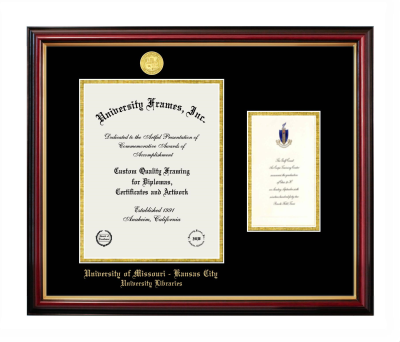 Diploma with Announcement Frame in Petite Mahogany with Gold Trim with Black & Gold Mats for DOCUMENT: 11"H X 8 1/2"W  ,  7"H X 4"W  
