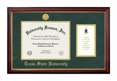 Texas State University Diploma with Announcement Frame in Petite Mahogany with Gold Trim with Green Suede & Gold Mats for DOCUMENT: 8 1/2"H X 11"W  ,  7"H X 4"W  