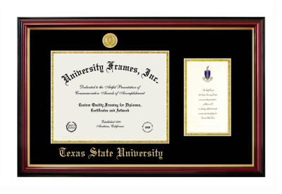 Texas State University Diploma with Announcement Frame in Petite Mahogany with Gold Trim with Black & Gold Mats for DOCUMENT: 8 1/2"H X 11"W  ,  7"H X 4"W  