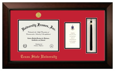 Texas State University Diploma with Announcement & Tassel Box Frame in Legacy Black Cherry with Red & Black Mats for DOCUMENT: 8 1/2"H X 11"W  ,  7"H X 4"W  
