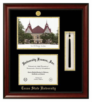 Texas State University Double Opening with Campus Image & Tassel Box (Stacked) Frame in Avalon Mahogany with Black & Gold Mats for DOCUMENT: 8 1/2"H X 11"W  