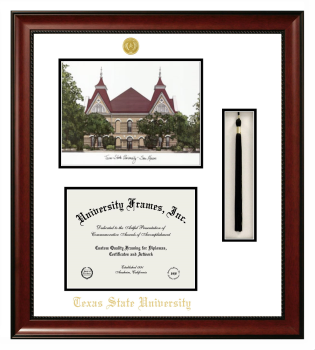 Texas State University Double Opening with Campus Image & Tassel Box (Stacked) Frame in Avalon Mahogany with Black & Gold Mats for DOCUMENT: 8 1/2"H X 11"W  
