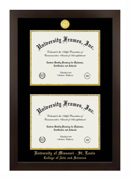University of Missouri - St. Louis College of Arts and Sciences Double Degree (Stacked) Frame in Manhattan Espresso with Black & Gold Mats for document: 8 1/2"h x 11"w  , document: 8 1/2"h x 11"w  