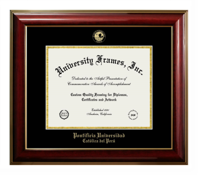 Pontificia Universidad Catolica del Peru Diploma Frame in Classic Mahogany with Gold Trim with Black & Gold Mats for document: 8 1/2"h x 11"w  