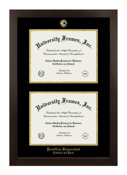 Pontificia Universidad Catolica del Peru Double Degree (Stacked) Frame in Manhattan Espresso with Black & Gold Mats for document: 8 1/2"h x 11"w  , document: 8 1/2"h x 11"w  