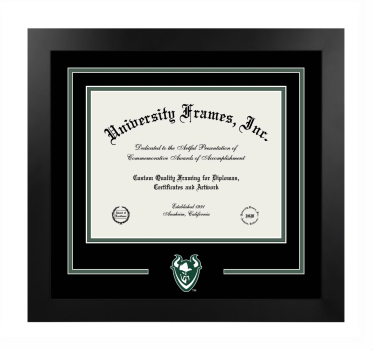 Portland State University Logo Mat Frame in Manhattan Black with Black & Forest Green Mats for DOCUMENT: 8 1/2"H X 11"W  