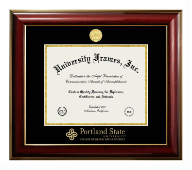 Portland State University College of Liberal Arts & Sciences Diploma Frame in Classic Mahogany with Gold Trim with Black & Gold Mats for DOCUMENT: 8 1/2"H X 11"W  
