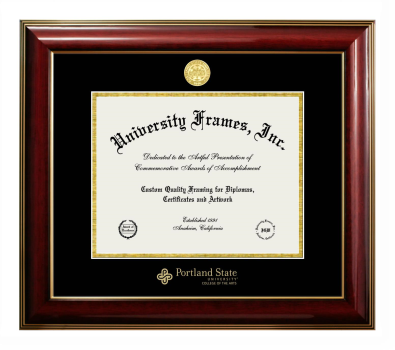 Portland State University College of the Arts Diploma Frame in Classic Mahogany with Gold Trim with Black & Gold Mats for DOCUMENT: 8 1/2"H X 11"W  