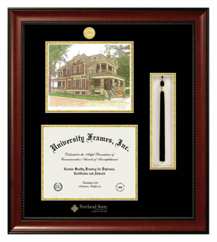 Portland State University College of the Arts Double Opening with Campus Image & Tassel Box (Stacked) Frame in Avalon Mahogany with Black & Gold Mats for document: 8 1/2"h x 11"w  