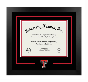 Texas Tech University Logo Mat Frame in Manhattan Black with Black & Red Mats for document: 8 1/2"h x 11"w  