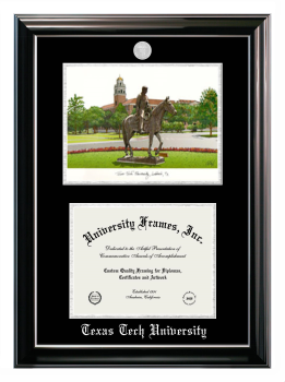 Texas Tech University Double Opening with Campus Image (Stacked) Frame in Classic Ebony with Silver Trim with Black & Silver Mats for document: 8 1/2"h x 11"w  